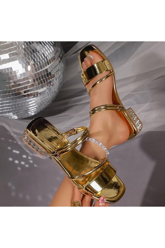 Women's Versatile Plus-Size Open-Toe Chunky Heel Sandals with Rhinestones for Spring Summer Beach Casual Comfortable Two-Way Wear