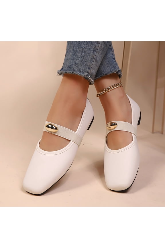 Women's Vintage-Inspired Square Toe Elastic Strap Flat Shoes with Gold Buckle for Casual Wear Comfortable Faux Leather Loafers for Daily Use
