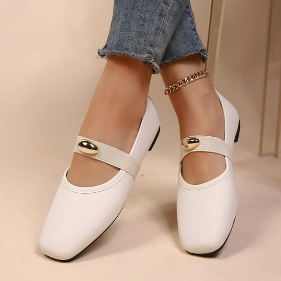 Taylonsss Women's Vintage-Inspired Square Toe Elastic Strap Flat Shoes with Gold Buckle for Casual Wear Comfortable Faux Leather Loafers for Daily Use