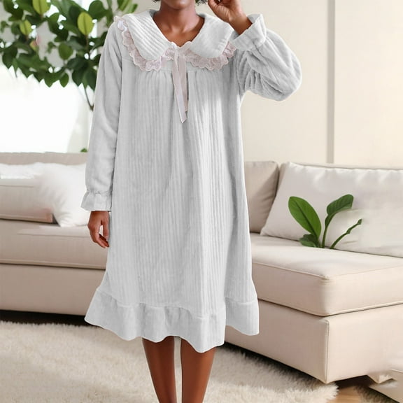 Taylonsss Women's Winter Casual Doll Collar Princess Style Dress Flannel Bow Midi Nightdress