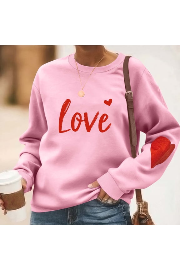 Women's Winter Casual Sweatshirt Long Sleeve Round Neck Loose Fit Heart Print Fashion Top