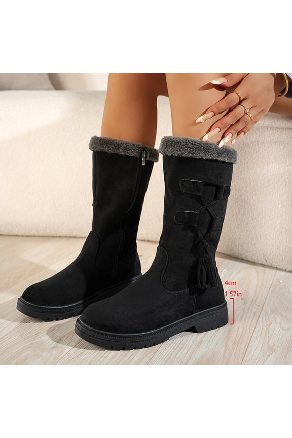 Women's Winter Fleece-Lined Mid-Calf Boots with Round Toe and Side Zipper Low Heel Snow Boots with Decorative Tassels for Cold Weather Comfortable Warm Boots with Non-Slip Sole
