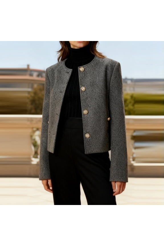 Women's Wool Blend Cropped Jacket with Rhinestone Buttons, Crew Neck Long Sleeve Casual Coat for Cool Weather, Versatile Short Top for Daily Wear and Outings