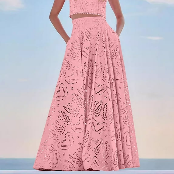 Taylonsss Womens 2025 Summer Eyelet Lace Embroidered Boho Skirt Hollow Out Smocked Waist Maxi Skirt with Pockets