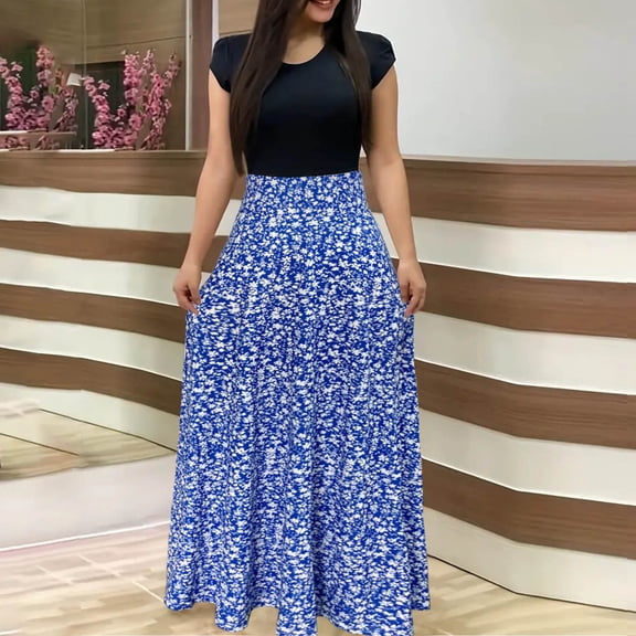 Taylonsss Womens Autumn Dress Short/Long Sleeve Round Neck Print Patchwork Casual Flowy Everyday Outfit