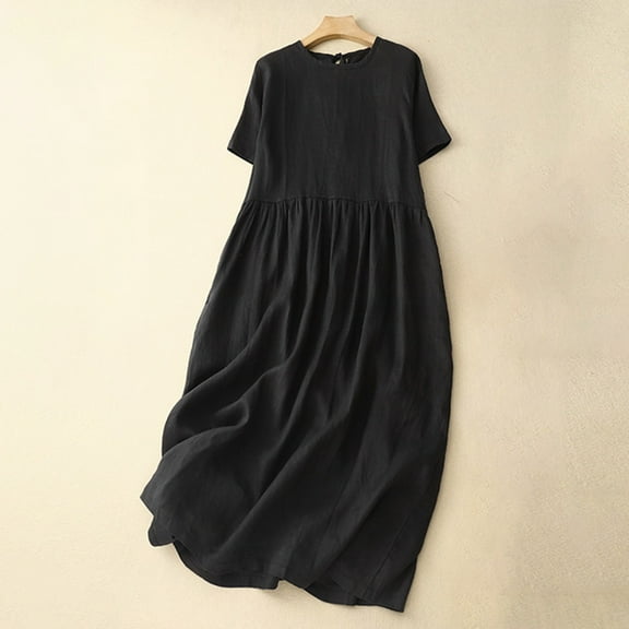 Taylonsss Womens Casual Comfortable Linen-Cotton Blend Minimalist Midi Dress Relaxed Loose Fit Simple Everyday Outfit