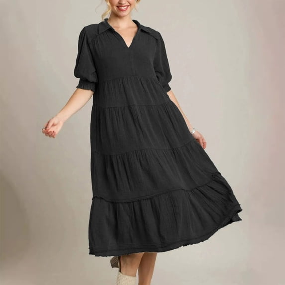 Taylonsss Womens Casual Comfortable V Neck Short Sleeve Solid Color Midi Dress Relaxed Fit Casual Outfit Everyday Wear Flowy Tunic Beach Dress