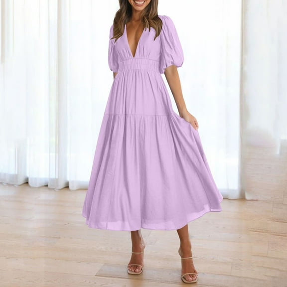 Taylonsss Womens Casual Dress Bubble Sleeve V Neck Flowy Long Dress Fashionable Stylish Outfit