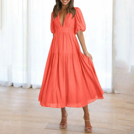 Taylonsss Womens Casual Dress Bubble Sleeve V Neck Flowy Long Dress Fashionable Stylish Outfit