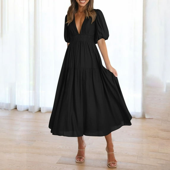 Taylonsss Womens Casual Dress Bubble Sleeve V Neck Flowy Long Dress Fashionable Stylish Outfit