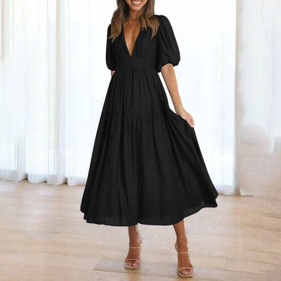 Taylonsss Womens Casual Dress Bubble Sleeve V Neck Flowy Long Dress Fashionable Stylish Outfit