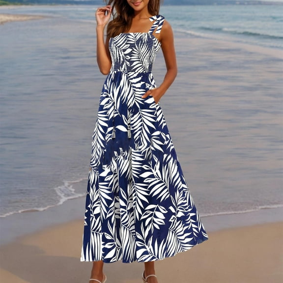 Taylonsss Womens Casual Dress Floral Print Spaghetti Strap Square Neck Sleeveless Flowy Beach Vacation Resort Outfit