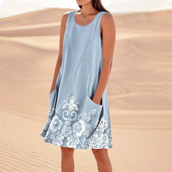 Taylonsss Womens Casual Dress Sleeveless Linen Cotton Loose Fit with Pockets Boho Relaxed Everyday Wear