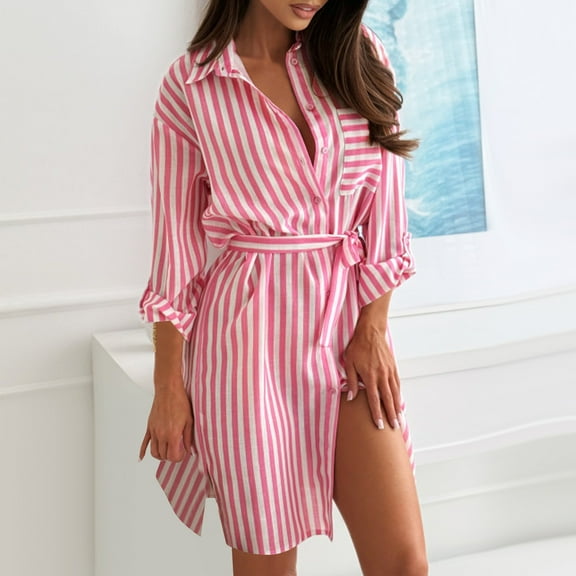 Taylonsss Womens Casual Dress Striped Print Lapel Collar Loose Belted Three-Quarter Sleeve Relaxed Everyday Outfit