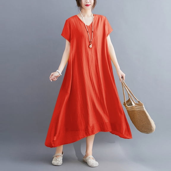 Taylonsss Womens Casual Dress V Neck Short Sleeve Silky-Like Solid Color Relaxed Fit Everyday Wear