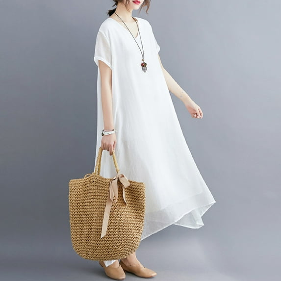 Taylonsss Womens Casual Dress V Neck Short Sleeve Silky-Like Solid Color Relaxed Fit Everyday Wear