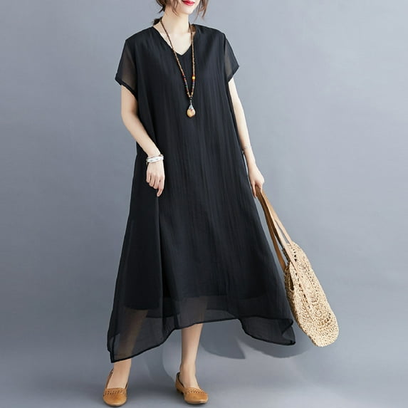Taylonsss Womens Casual Dress V Neck Short Sleeve Silky-Like Solid Color Relaxed Fit Everyday Wear