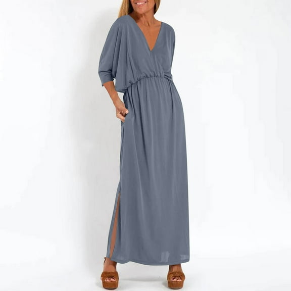 Taylonsss Womens Casual Long Dress High Waist Split Detail V Neck Short Sleeve Solid Color Relaxed Fit Everyday Outfit