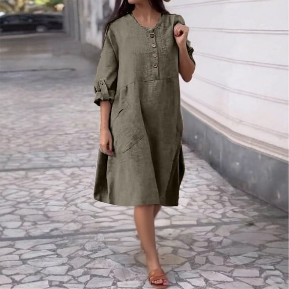 Taylonsss Womens Casual Loose Fit Long Sleeve Round Neck Dress with Dual Pockets Button Front Solid Color Linen Daily Relaxed Outfit