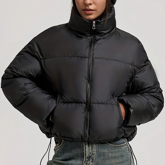 Taylonsss Womens Casual Loose Fit Quilted Jacket Long Sleeve with Elastic Cuffs Two Hand Pockets Snap Front Solid Color Winter Coat for Daily Outdoor Wear