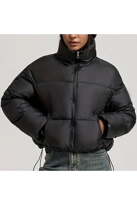 Womens Casual Loose Fit Quilted Jacket Long Sleeve with Elastic Cuffs Two Hand Pockets Snap Front Solid Color Winter Coat for Daily Outdoor Wear