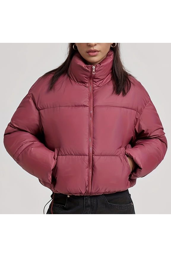 Womens Casual Loose Fit Quilted Jacket Long Sleeve with Elastic Cuffs Two Hand Pockets Snap Front Solid Color Winter Coat for Daily Outdoor Wear