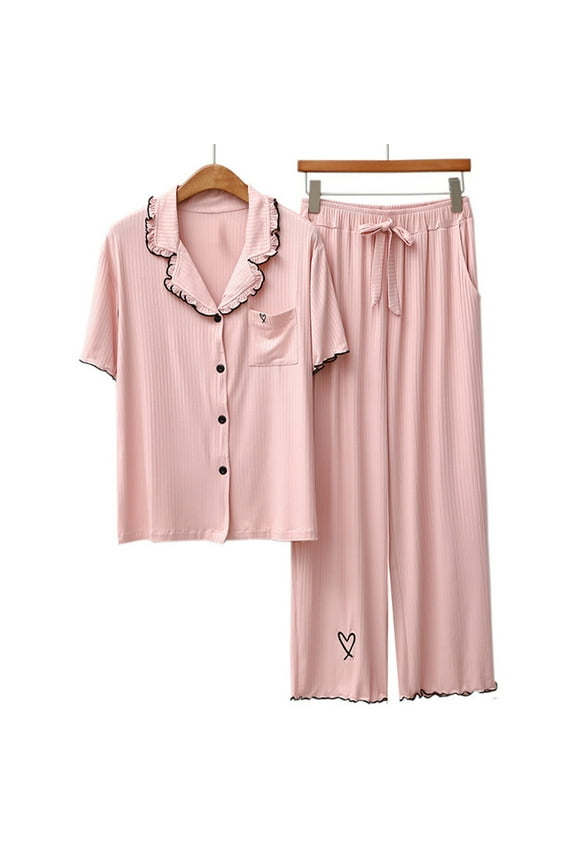 Womens Casual Loungewear Lightweight Lapel Double Heart Embroidery Cardigan Loose Fit Short Sleeve & Long Pants Set