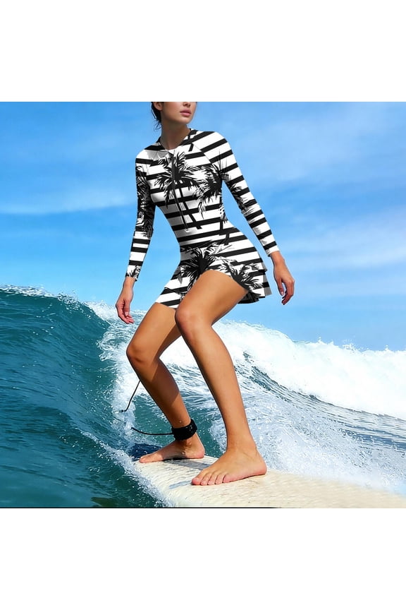 Womens Casual Print Split Neck Half Zip Long Sleeve Jumpsuit with Bottom Shorts and Chest Cushion Swimsuit Set for Beach Surfing Vacation