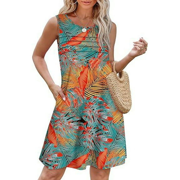 Taylonsss Womens Casual Round Neck Ruffled Sleeveless Print Pocket Dress Summer Flowy Boho Style Everyday Outfit