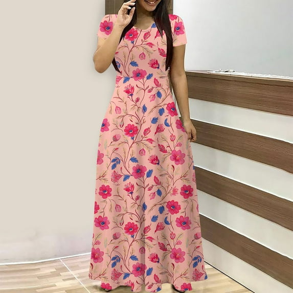 Taylonsss Womens Casual Short Sleeve Round Neck Flowy Printed Dress with Pockets, A-Line Midi Length Everyday Outfit