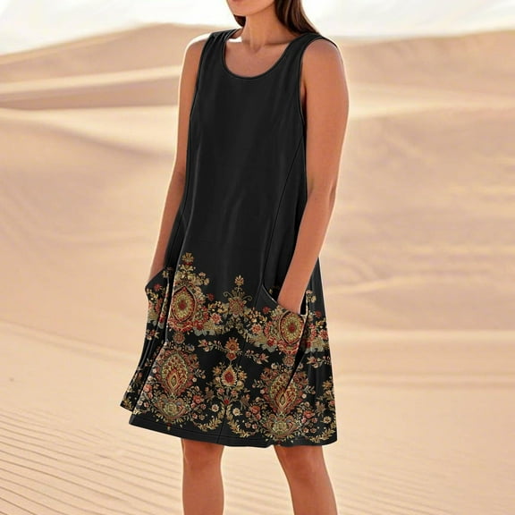 Taylonsss Womens Casual Sleeveless Cotton Linen Loose Fit Dress with Pockets Solid Color Relaxed Beach Outfit