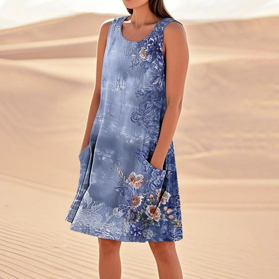 Taylonsss Womens Casual Sleeveless Cotton Linen Loose Fit Dress with Pockets Solid Color Relaxed Beach Outfit