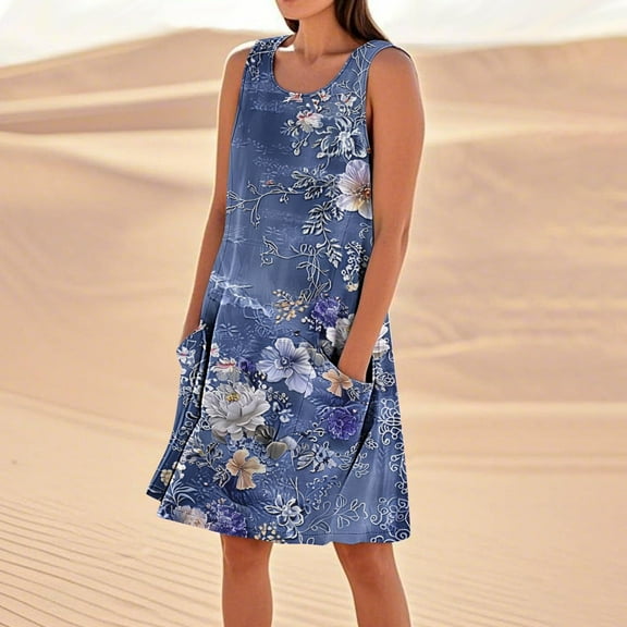 Taylonsss Womens Casual Sleeveless Cotton Linen Loose Fit Dress with Pockets Solid Color Relaxed Beach Outfit