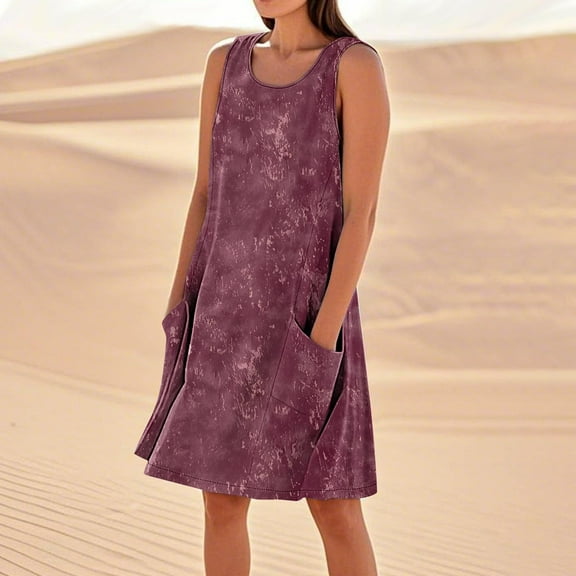 Taylonsss Womens Casual Sleeveless Cotton Linen Loose Fit Dress with Pockets Solid Color Relaxed Beach Outfit