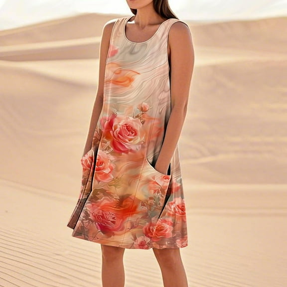 Taylonsss Womens Casual Sleeveless Linen Cotton Dress Solid Color Loose Fit with Pockets Relaxed Beachwear Daily Outfit