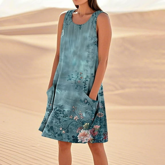 Taylonsss Womens Casual Sleeveless Linen Cotton Dress Solid Color Loose Fit with Pockets Relaxed Beachwear Daily Outfit