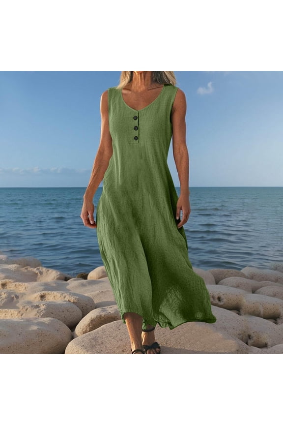 Womens Casual Sleeveless V Neck Button Down Tank Dress Solid Color Relaxed Everyday Outfit