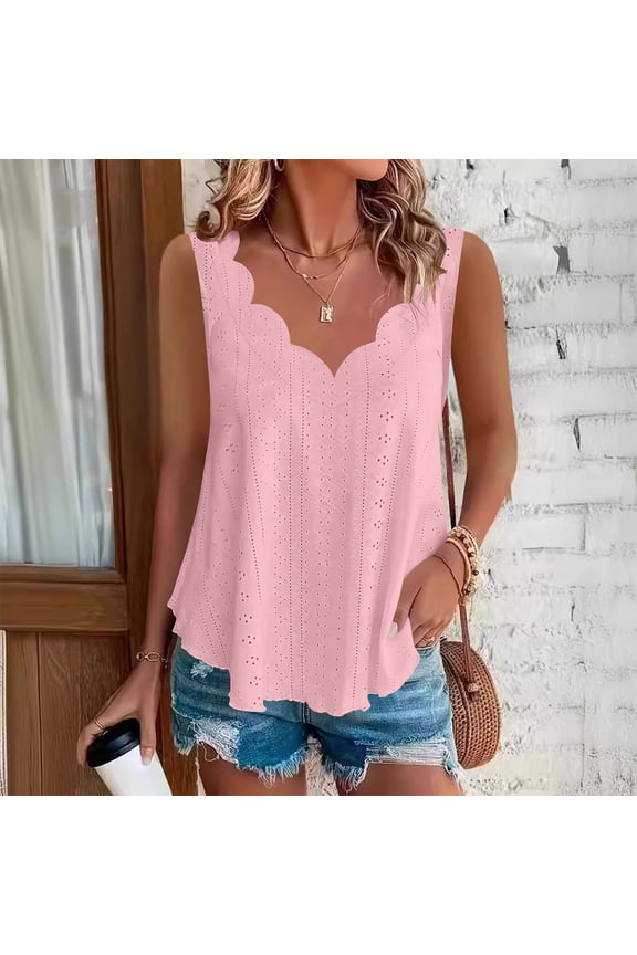 Womens Casual Sleeveless V Neck Irregular Hem Wave Edge Top Solid Color Stylish Comfortable Fit For Daily Wear Spring Outdoor Activities