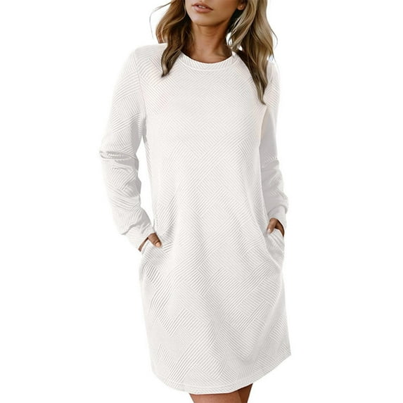 Taylonsss Womens Casual Solid Color Striped Long Sleeve Round Neck Dress with Pockets, Relaxed Fit A-Line Everyday Wear