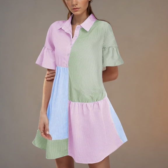 Taylonsss Womens Casual Striped Color-Block Shirt Dress Short Sleeve Collar Flowy Lounge Outfit