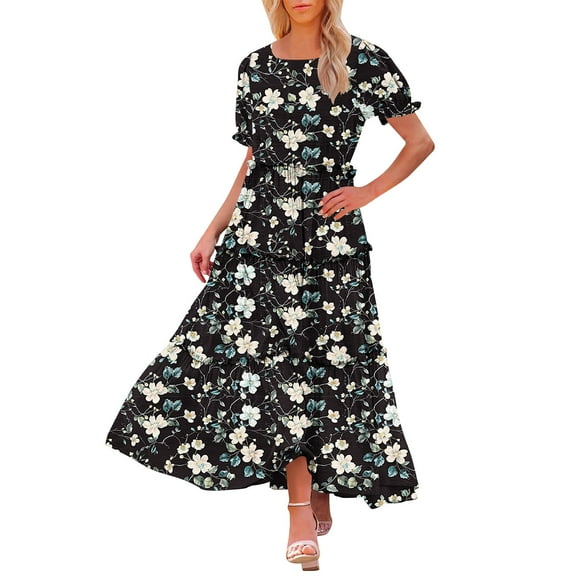 Taylonsss Womens Casual Tiered Dress with Ruffled Hem Flowy Short Sleeve Round Neck Everyday Outfit