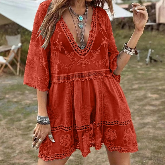 Taylonsss Womens Casual Tunic Dress Solid Color V Neck Lace Trim Loose Fit Outdoor Resort Wear Beach Cover Up