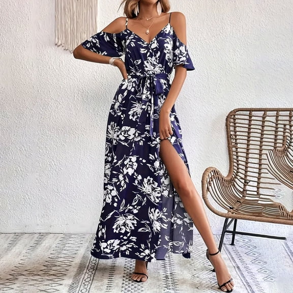 Taylonsss Womens Casual Vacation Print Slit Hem Off-Shoulder Strapless Dress Beach Resort Outfit