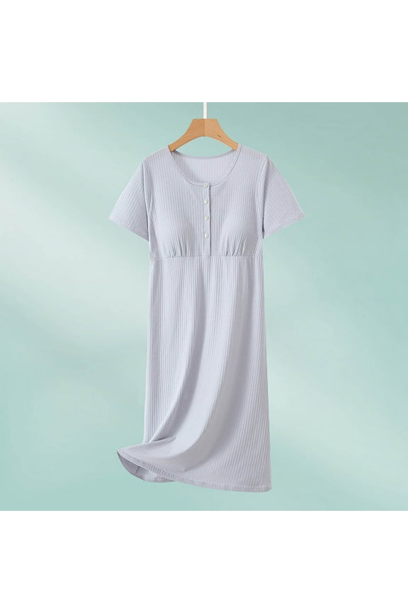 Womens Cotton Nightgown Solid Color Round Neck Snap Closure Built-in Bra Mid-Length Comfortable Sleepwear for Home Lounge
