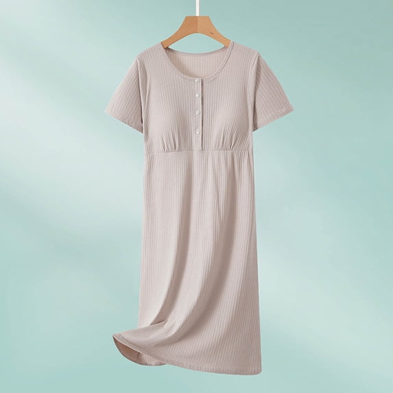 Taylonsss Womens Cotton Nightgown Solid Color Round Neck Snap Closure Built-in Bra Mid-Length Comfortable Sleepwear for Home Lounge