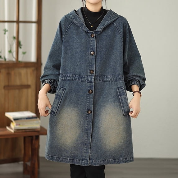 Taylonsss Womens Denim Trench Coat with Hood and Pockets, Single Breasted Mid-Length Jacket, Casual Long Sleeve V-Neck Dress