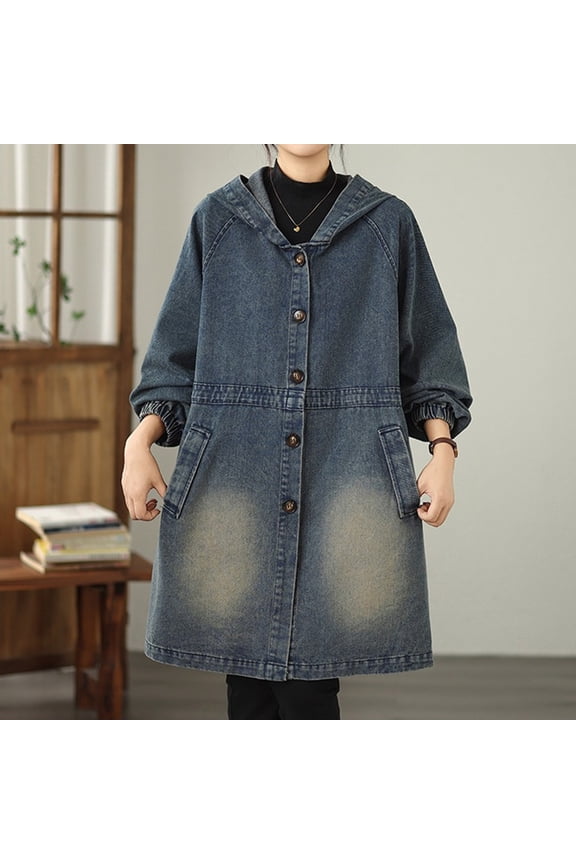 Womens Denim Trench Coat with Hood and Pockets, Single Breasted Mid-Length Jacket, Casual Long Sleeve V-Neck Dress