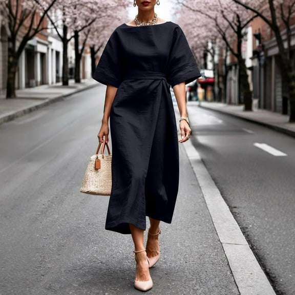 Taylonsss Womens Elegant Solid Color Belted Waist Midi Dress Fashion Modern Office Wear Stylish Outfit