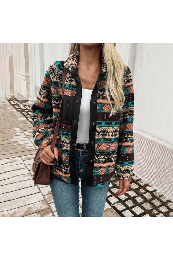 Womens Ethnic Style Collared Long Sleeve Jacket with Aztec Print Contrast Patch Detail Loose Fit Fleece Coat for Casual Daily Wear