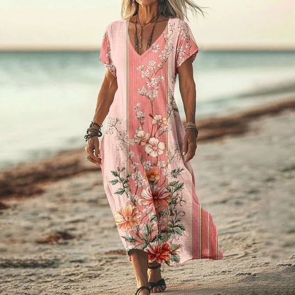 Taylonsss Womens Fashion Floral Print Short Sleeve V Neck Flowy Long Dress Casual Beach Resort Outfit